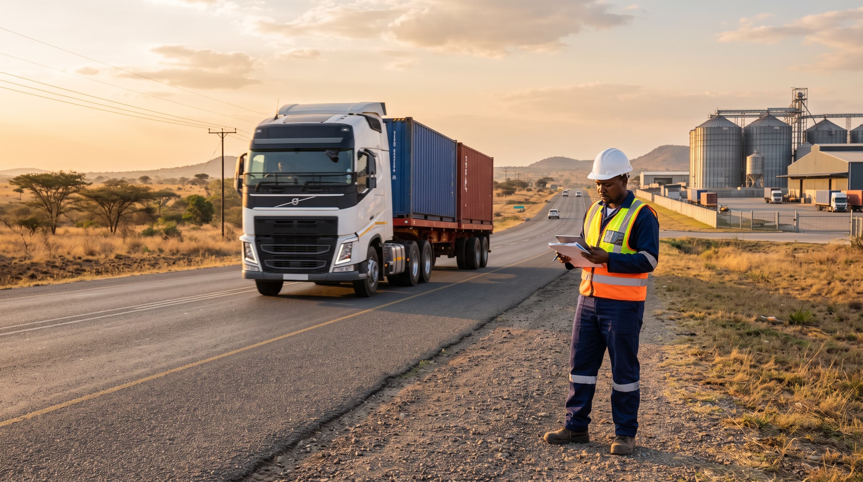 Commercial haulage truck and logistics supervisor overseeing transit operations in Tanzania