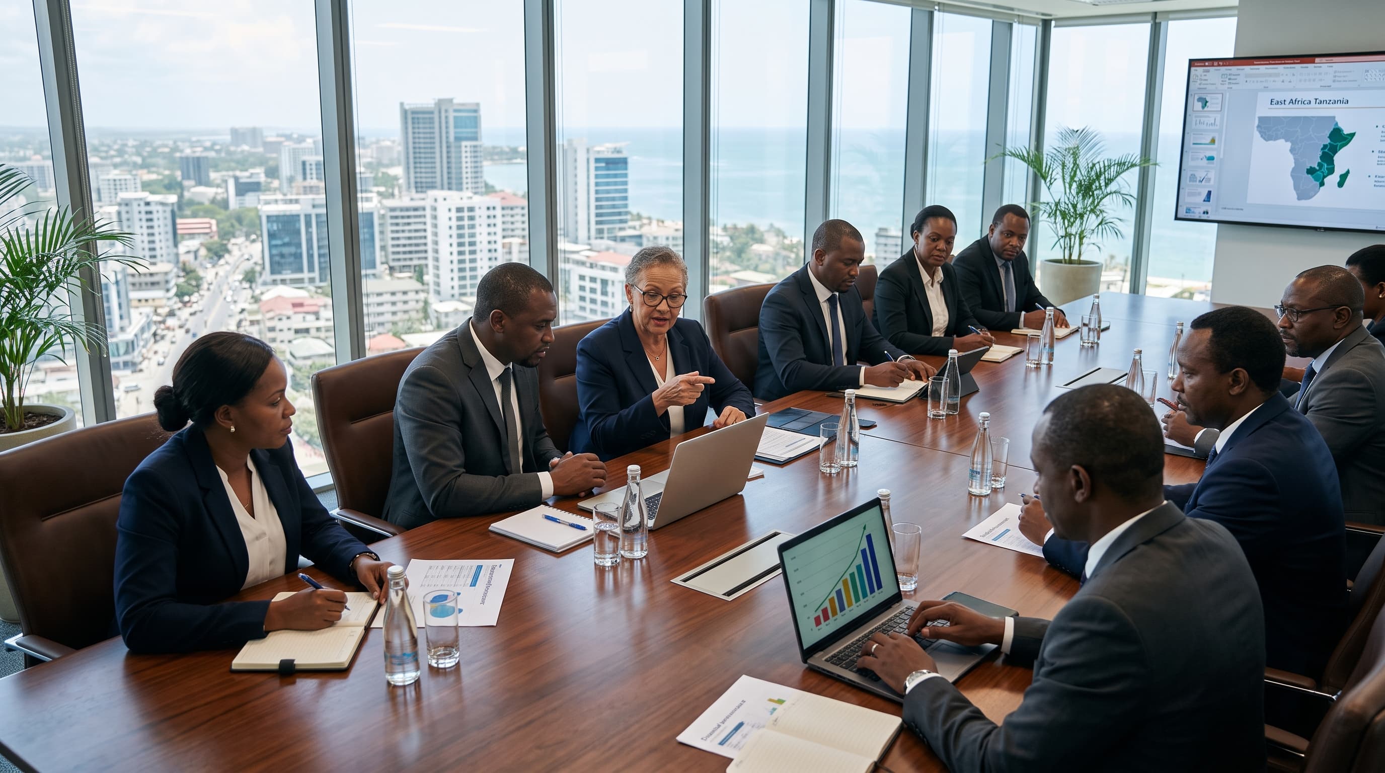 Board members and corporate leaders strategizing in a modern executive boardroom