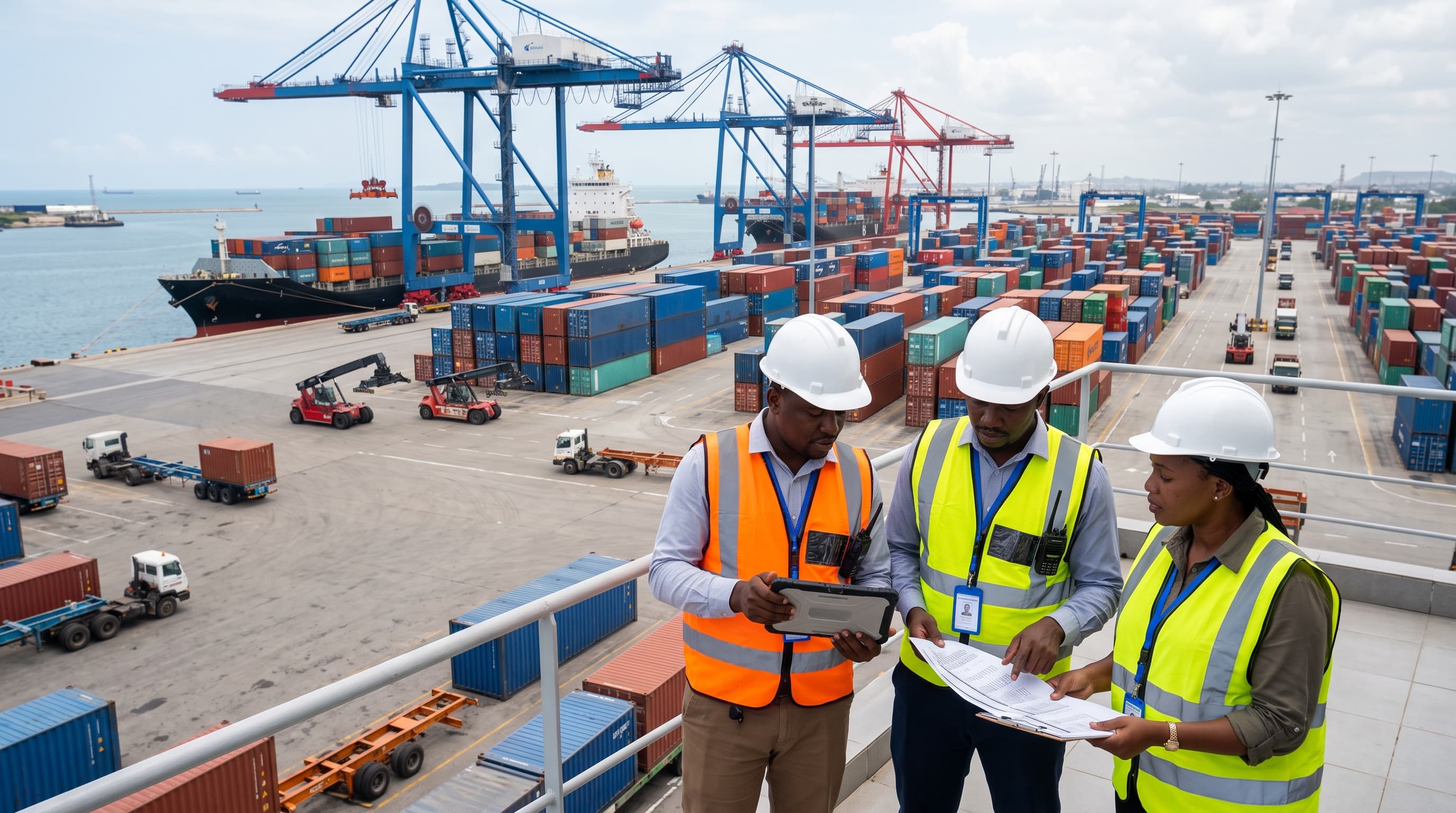 Engineers and port operations managers supervising container terminal operations