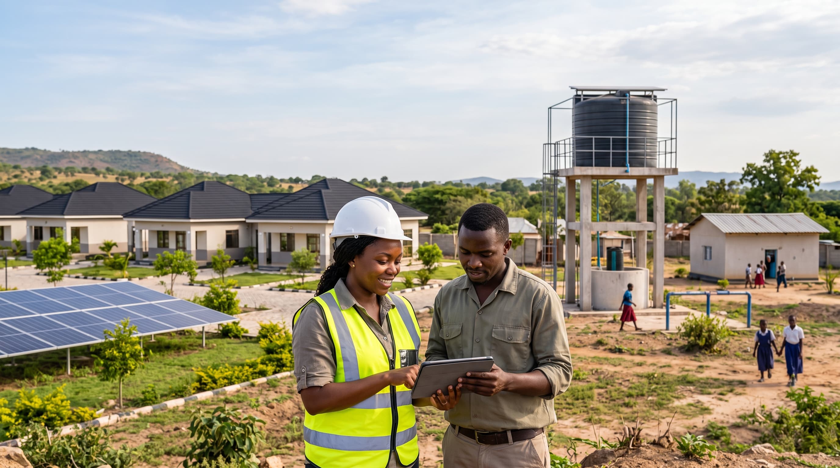 Engineers reviewing solar panel installations and community water infrastructure