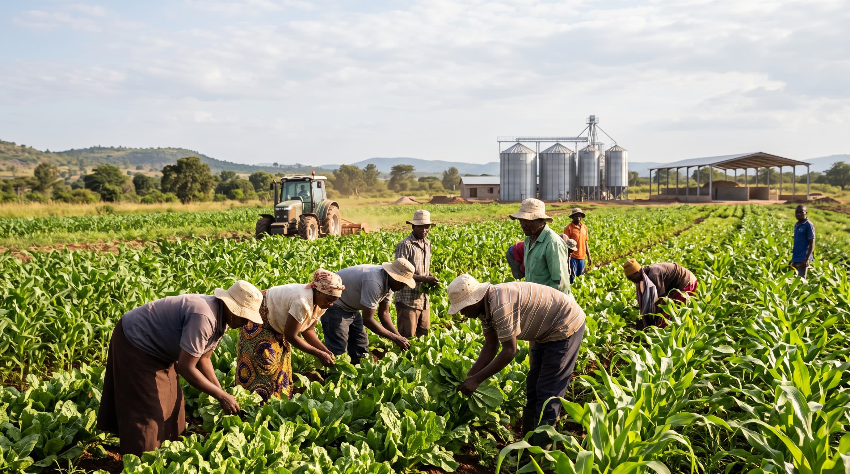 Farmers harvesting produce with modern silos and agricultural machinery in background